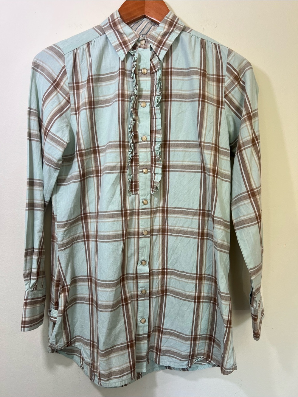 Tasha Polizzi Plaid Ruffle Western Pearl Snap Shirt Long Sleeve Blouse Sz Small